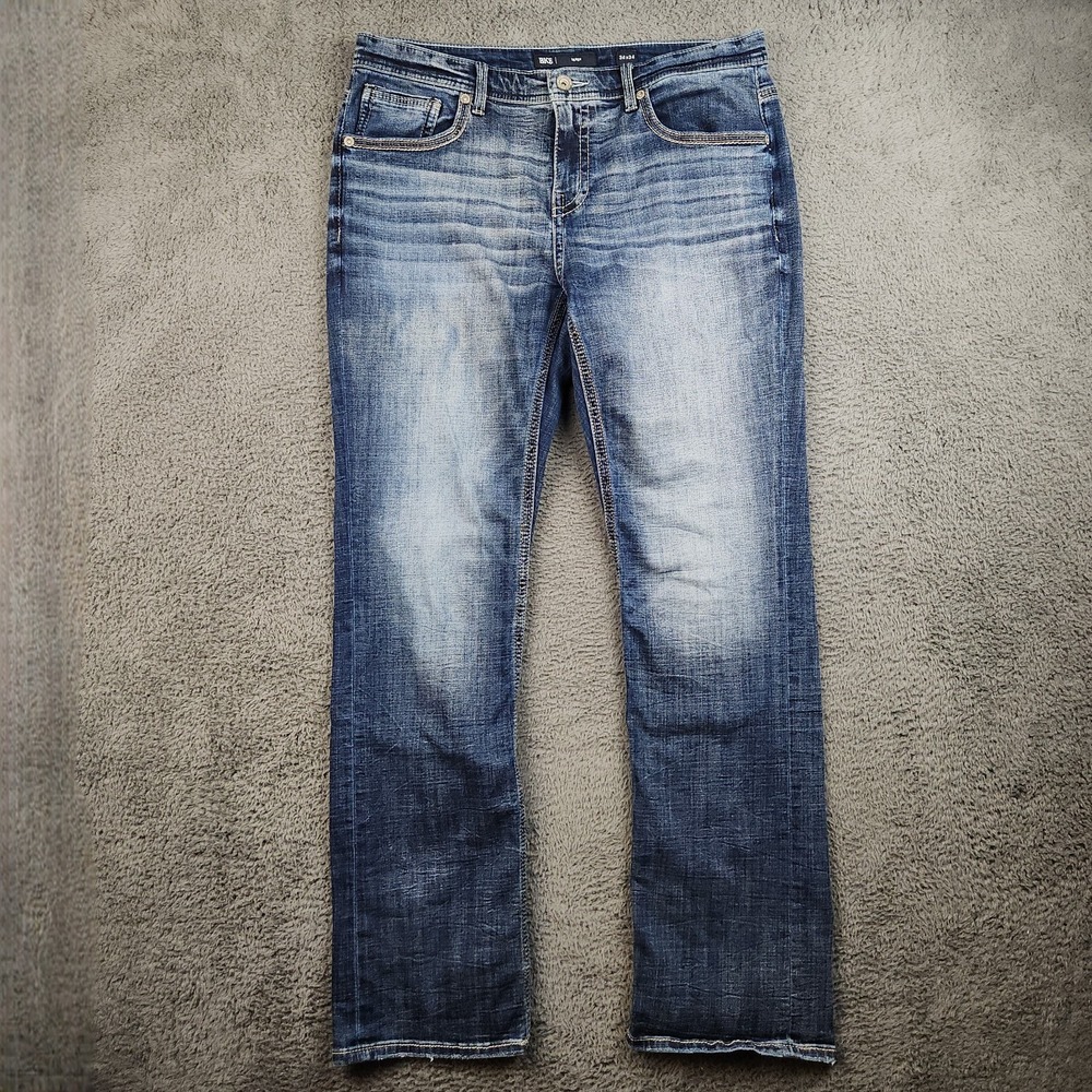 BKE Derek Stretch Bootcut Jeans Mens 34x34 Blue Relaxed Fit Denim Cotton Blend